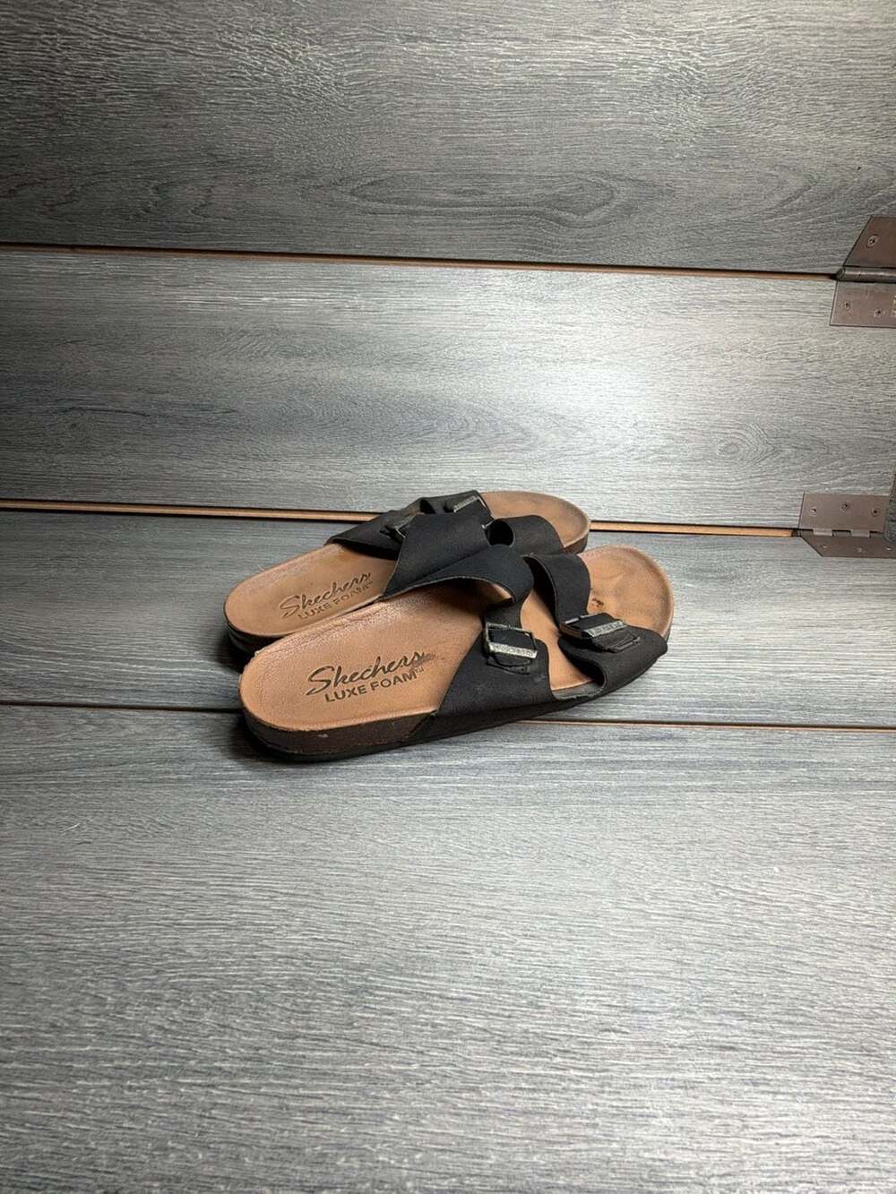 Skechers Luxe Foam Black Double Strap Slide Sandals with Buckles